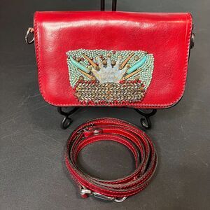 Beaded Red Leather Crossbody Bag "I AM BLESSED" Made In Italy